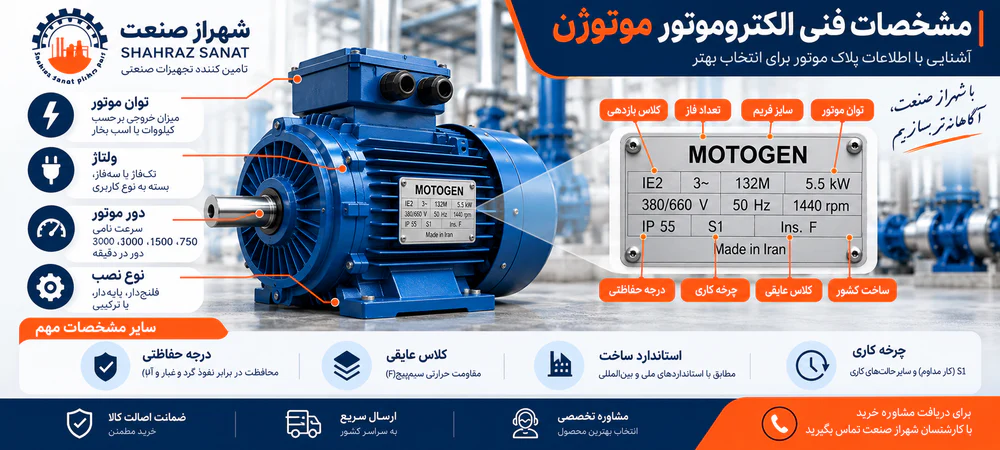 مشخصات فنی و پلاک الکتروموتور موتوژن
